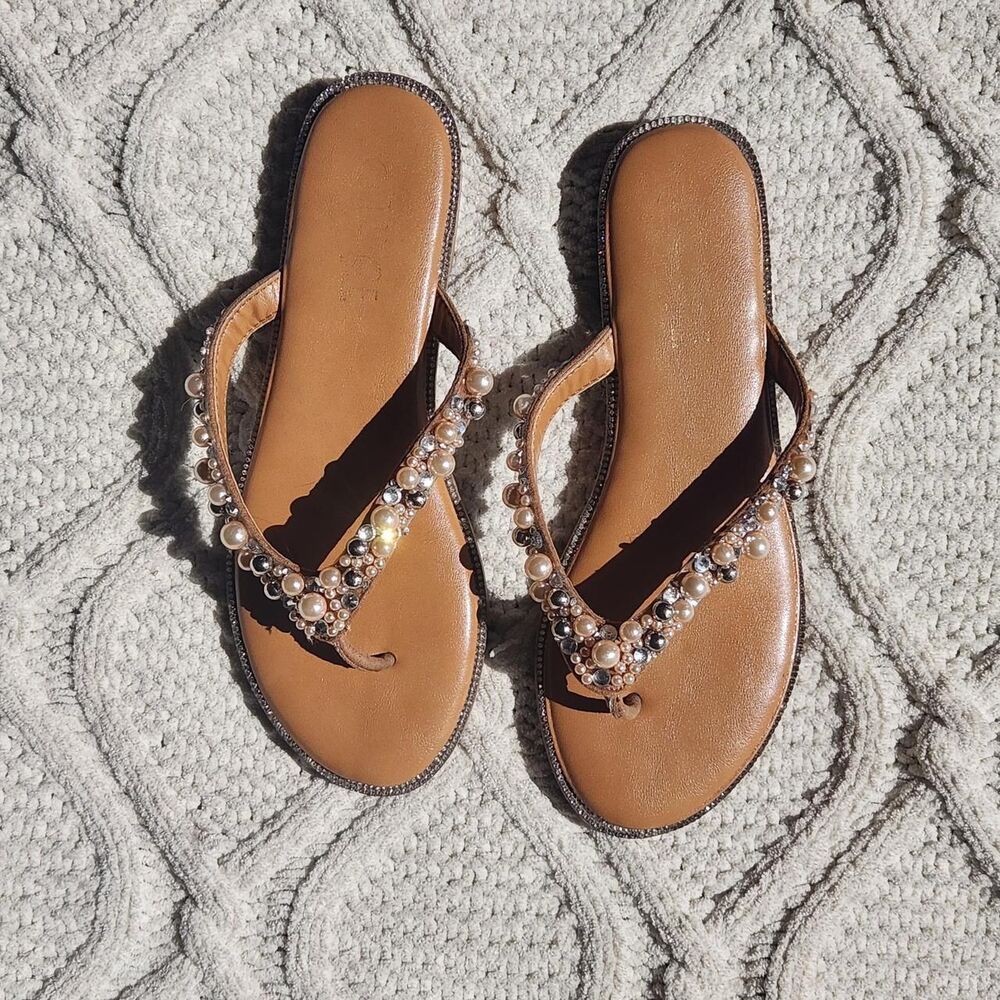 Rouge Tan and rose pink/ tan pearl embellished flip flops size 7.5 - Picture 2 of 3